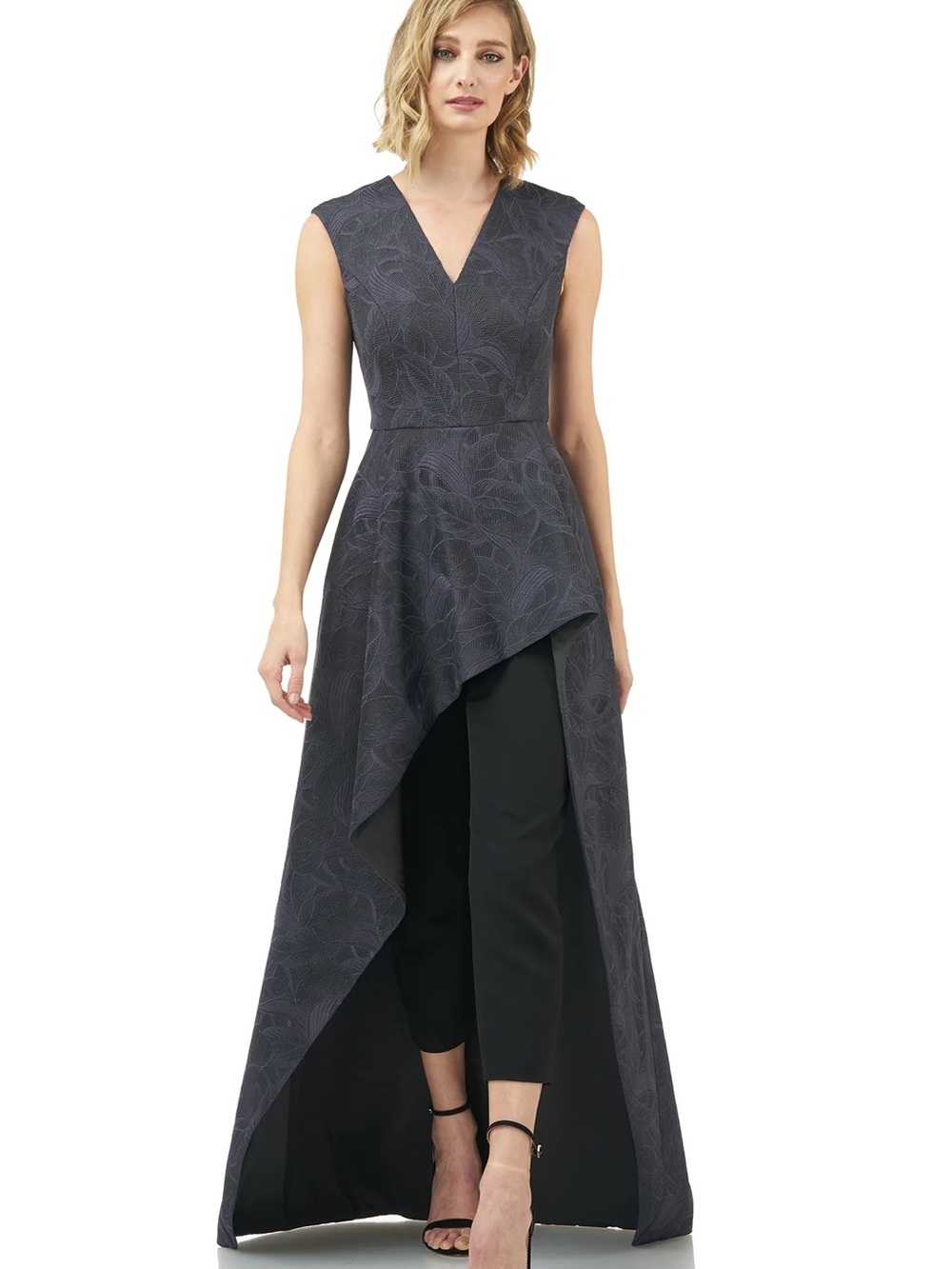 Kay Unger Roxanne Grey Floral Jacquard High-Low Jumpsuit Gown
